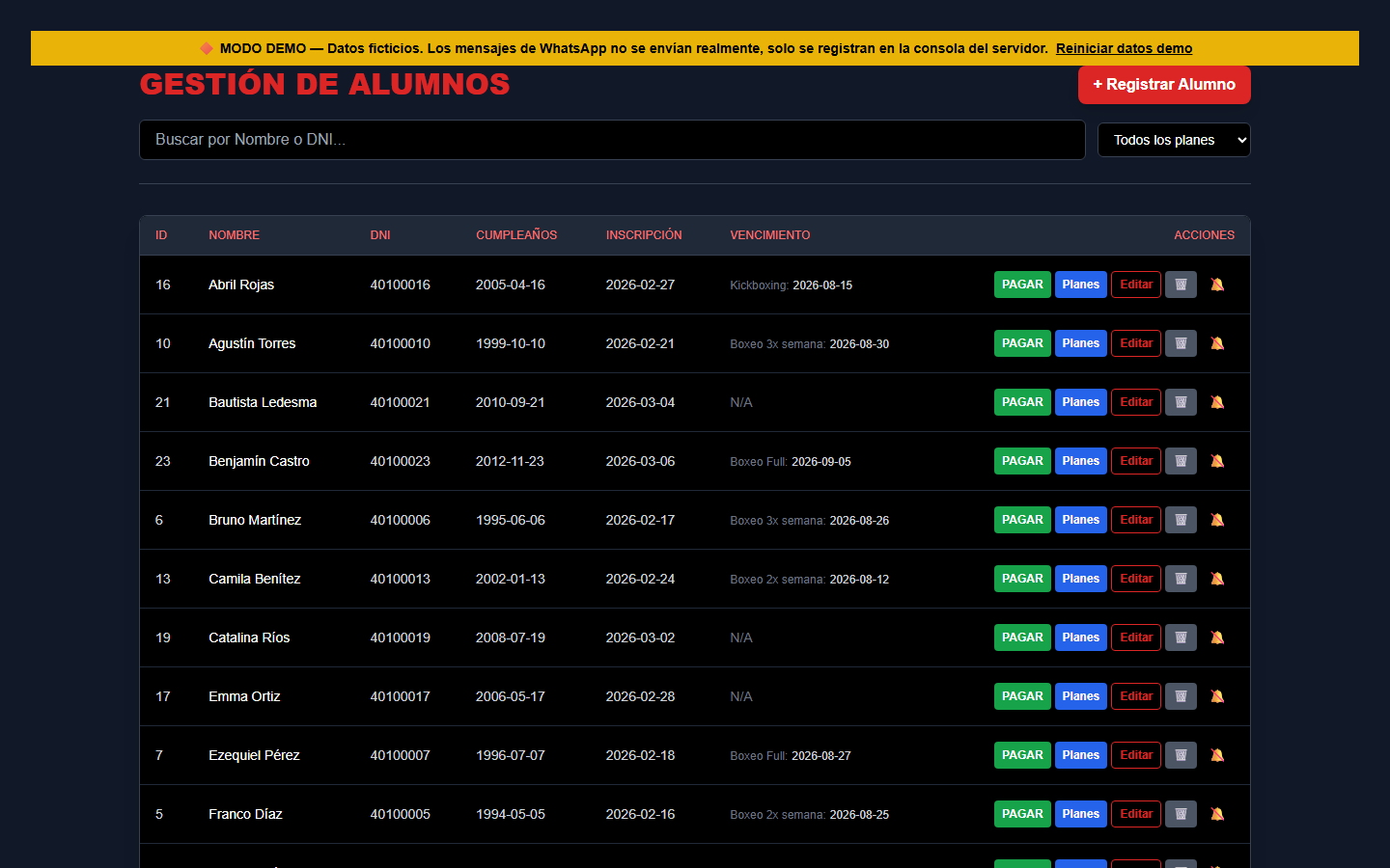 Listado de alumnos con estado de cuota
