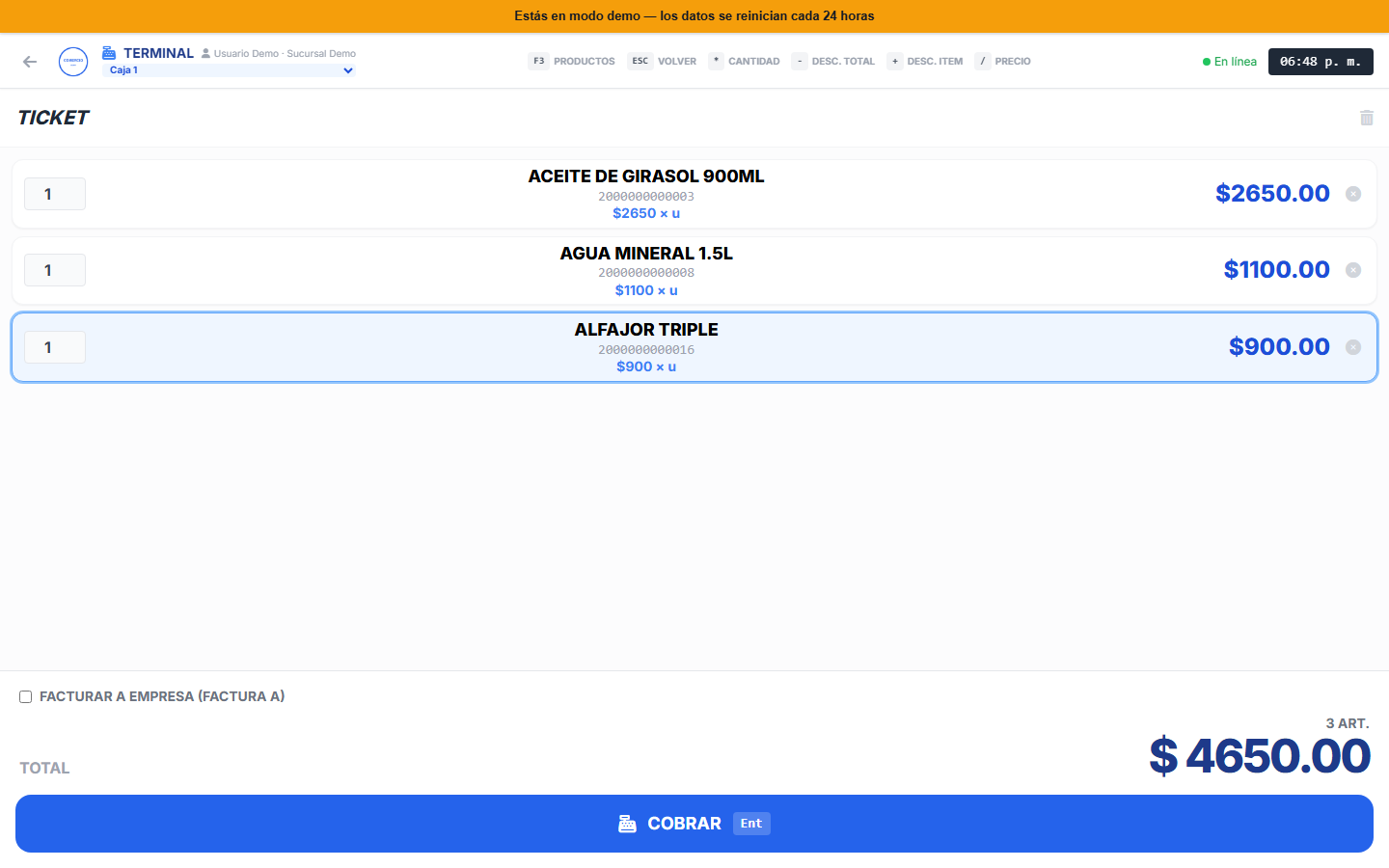 Pantalla de caja con un ticket en curso